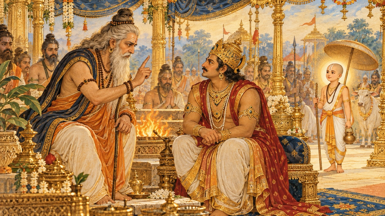 The sage Sukracarya earnestly warning Bali that the dwarf boy is Lord Vishnu Himself