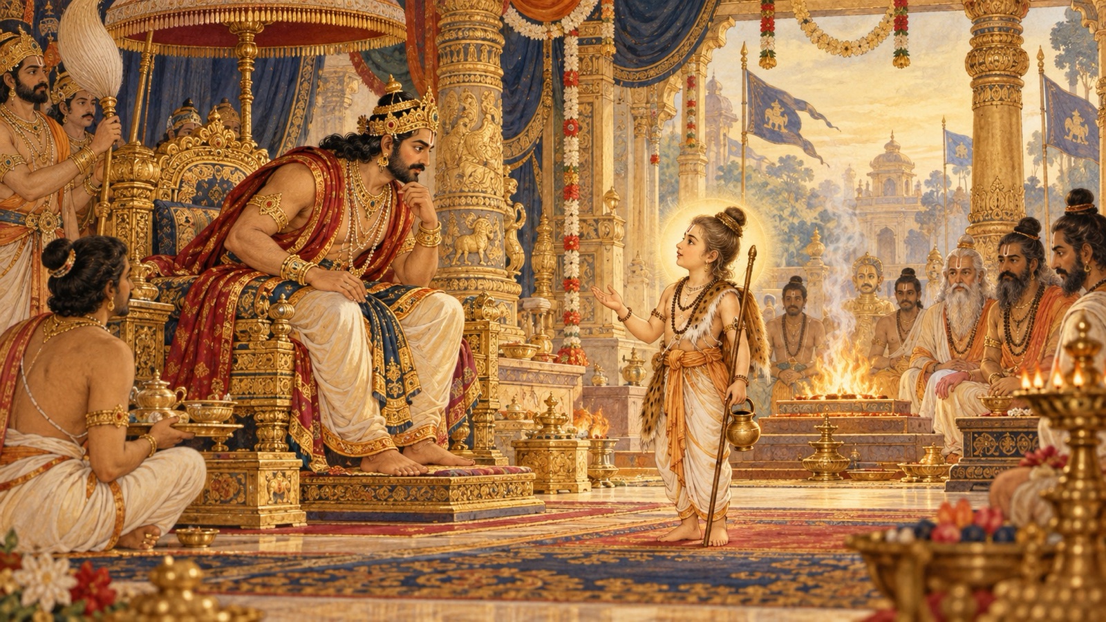The small brahmana boy Vamana standing before the enthroned Bali and asking for three paces of land