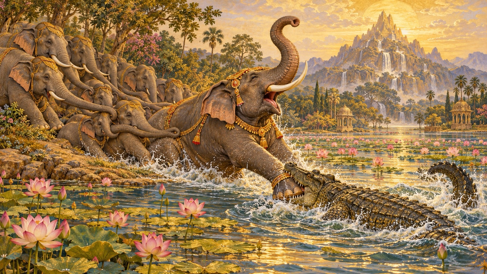 एक बलशाली ग्राह गजराज का पैर पकड़ता हुआ, जबकि झुंड उसे छुड़ाने का प्रयास करता है