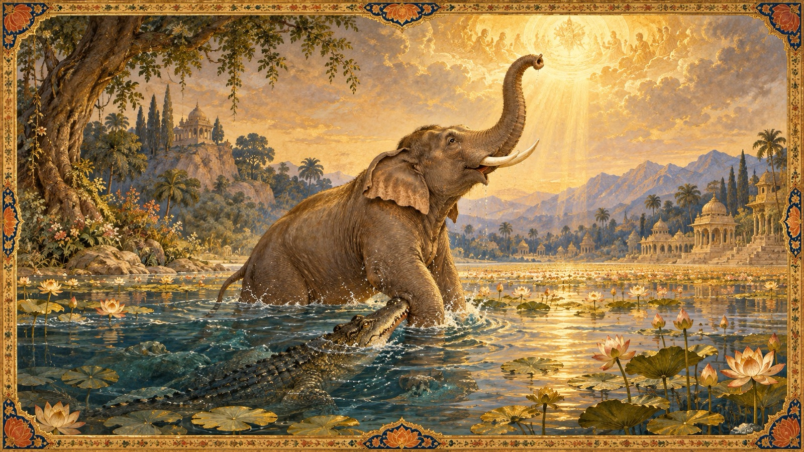 The exhausted king of elephants lifting his trunk toward the heavens in surrender to the Lord