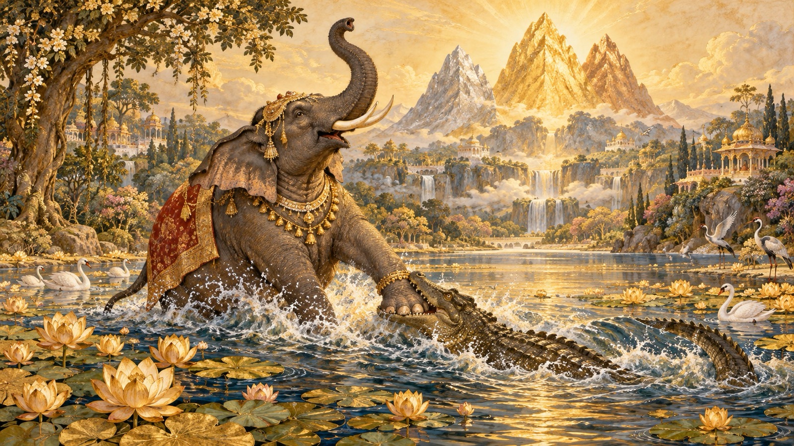 The king of elephants seized by an alligator in a golden-lotus lake beneath a shining mountain
