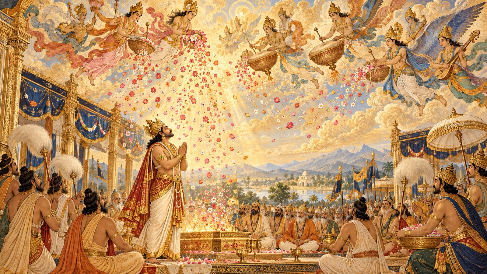 देवता और आकाशीय प्राणी राजा बली पर पुष्पवर्षा करते हुए जब वे तीनों लोक दान करते हैं