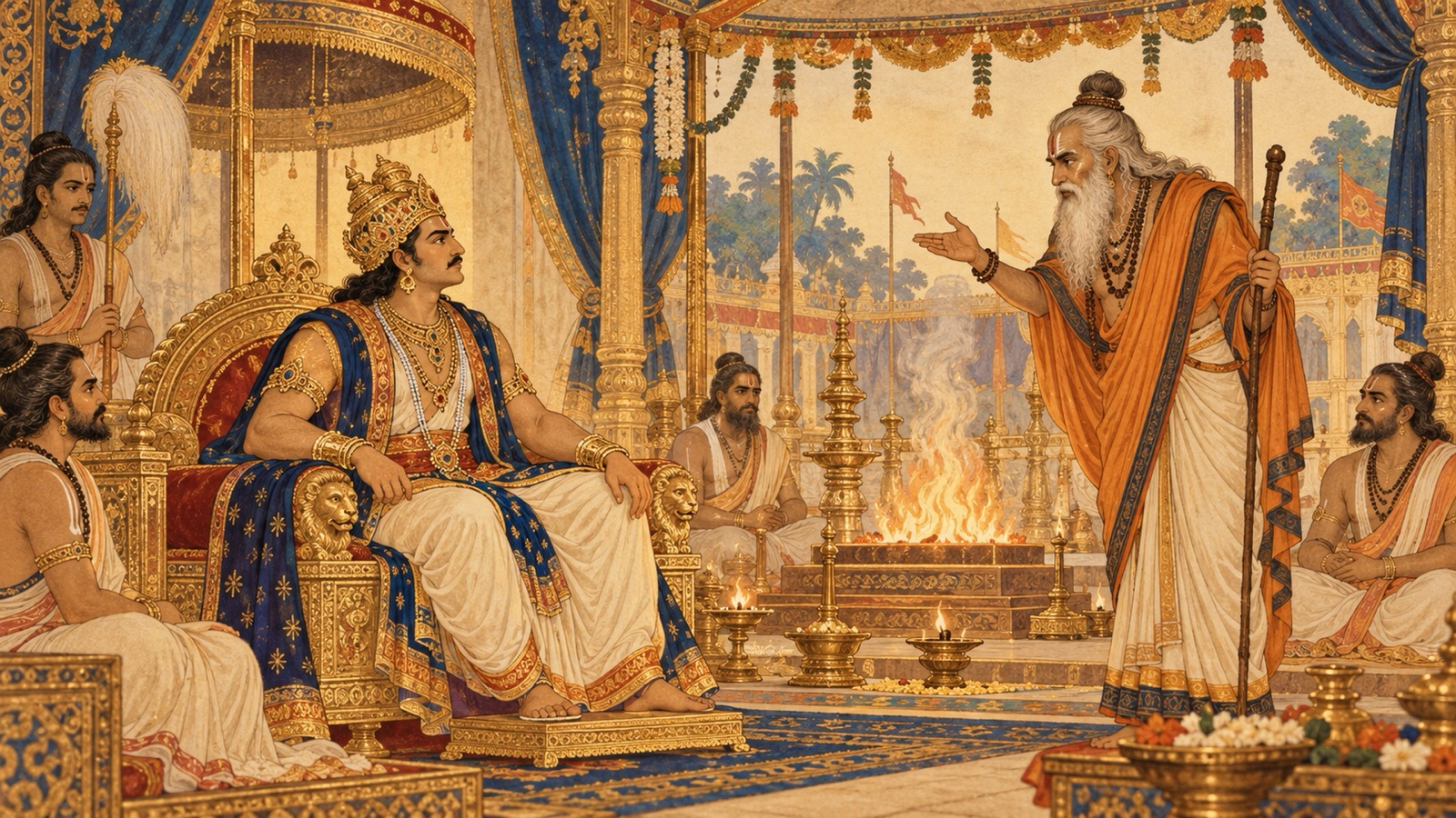 King Bali calmly answering his preceptor Sukracarya, resolved to keep his promise to the brahmana