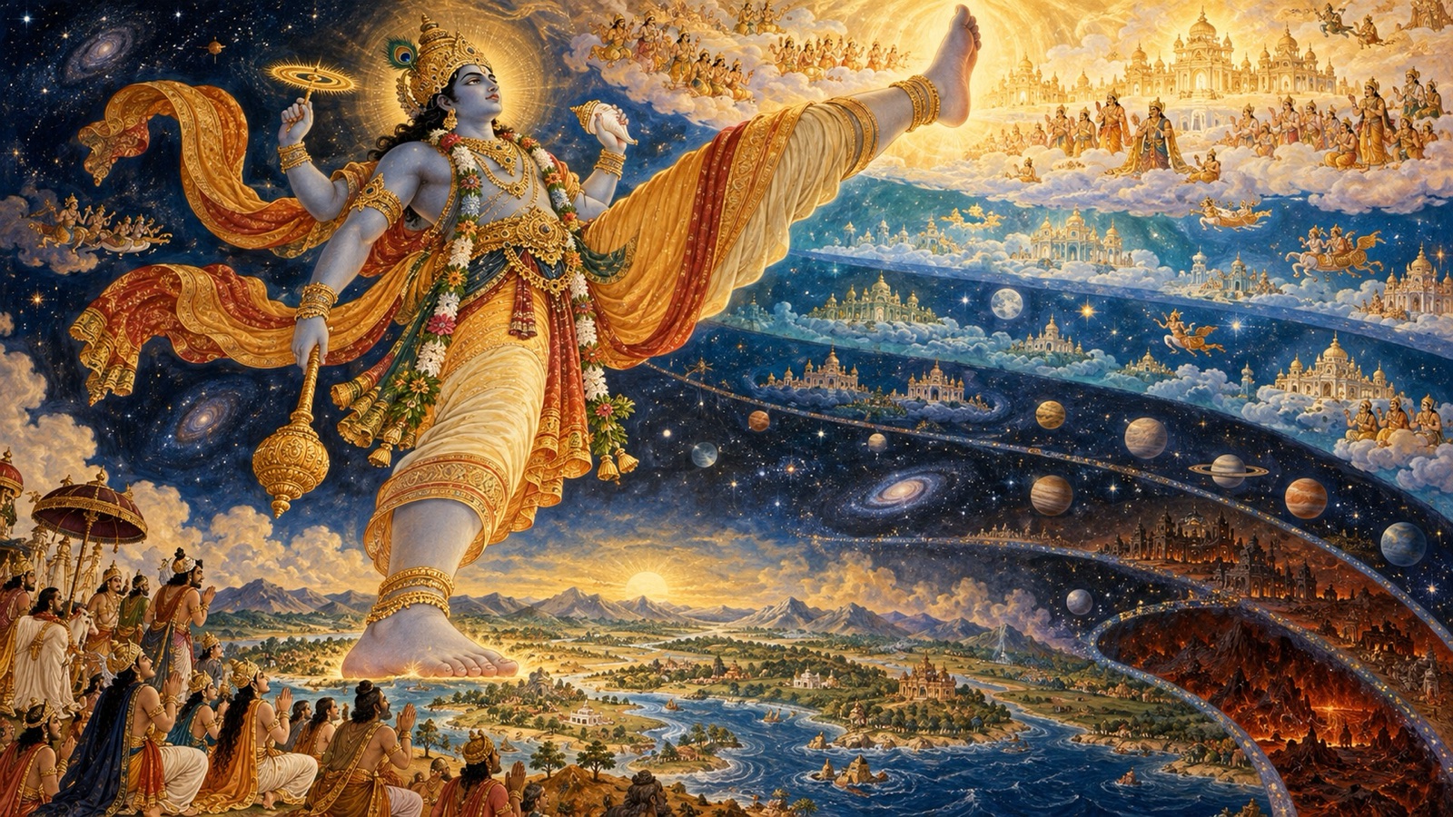 The wide-striding Lord measuring the earth and heavens with two colossal steps
