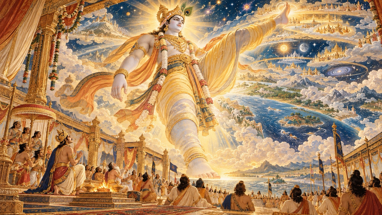 The divine Dwarf growing into the cosmic form that holds the whole universe as Bali gazes up in wonder
