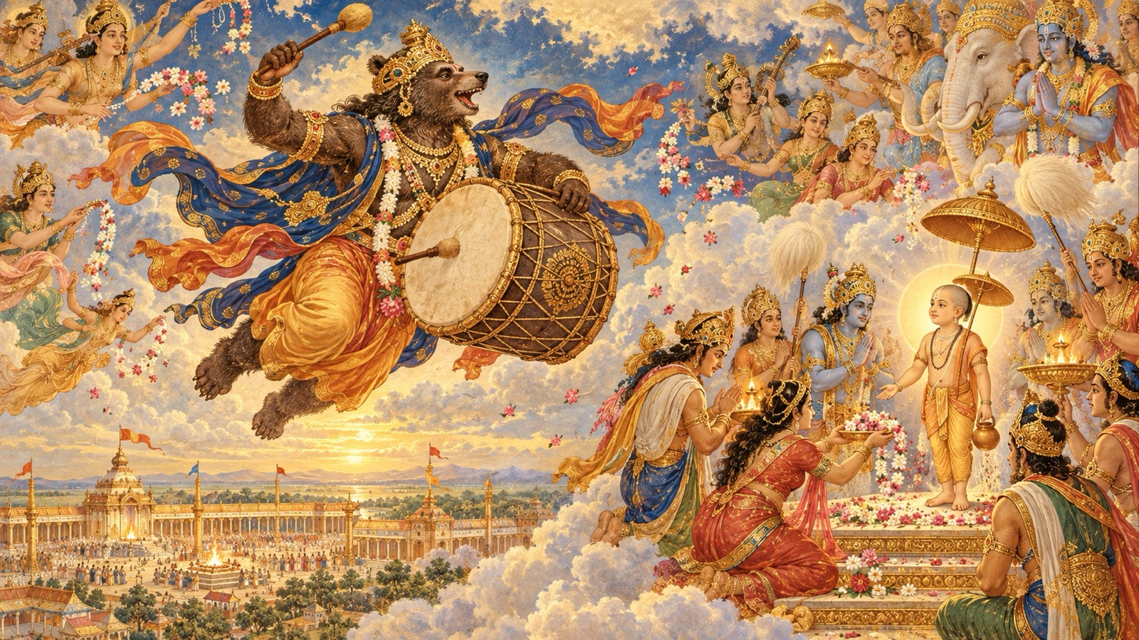 Jambavan the king of the bears sounding his drum and proclaiming the Lord's victory through the quarters
