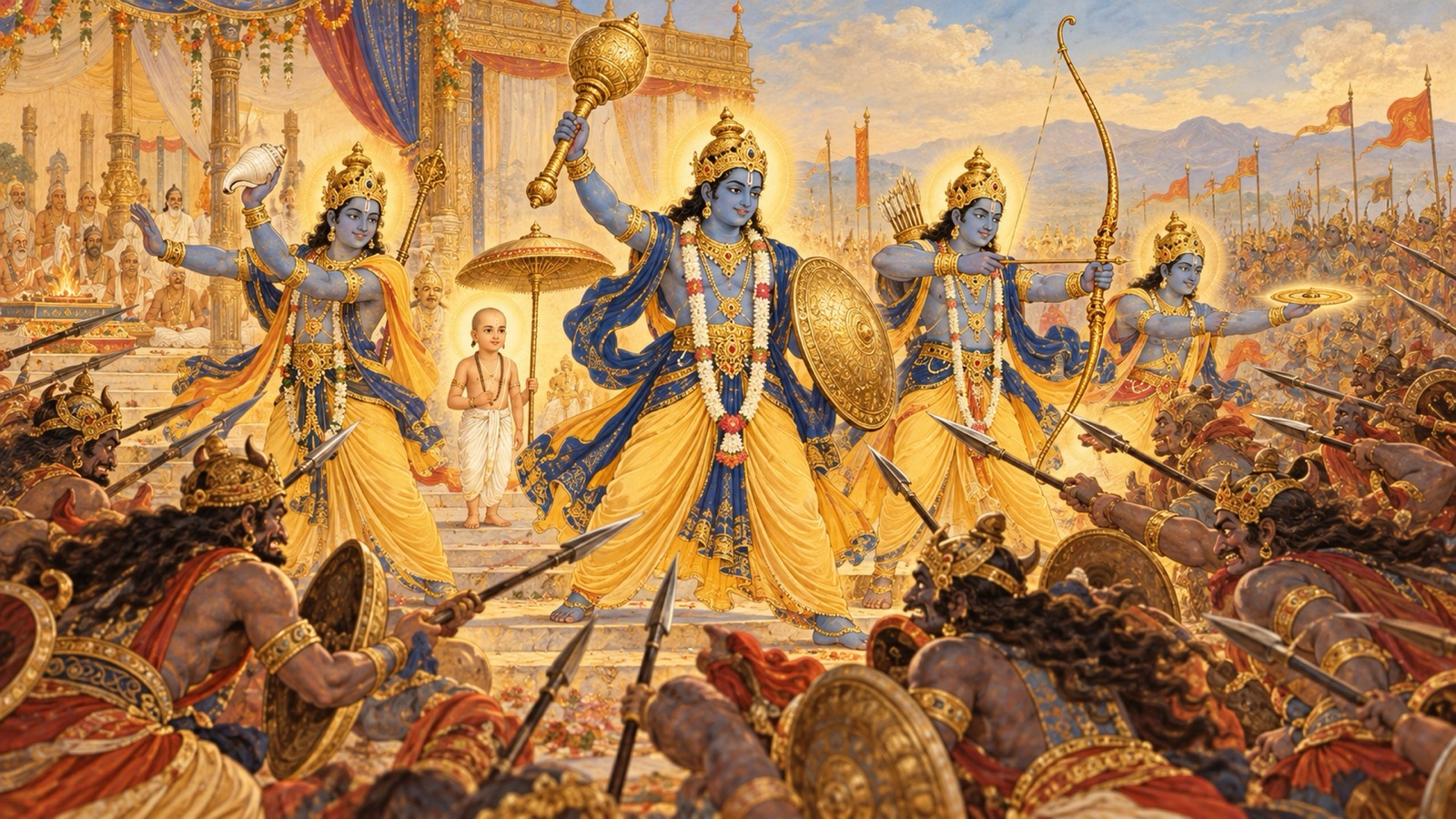 The mighty attendants of Lord Vishnu turning back the enraged demon army with uplifted weapons