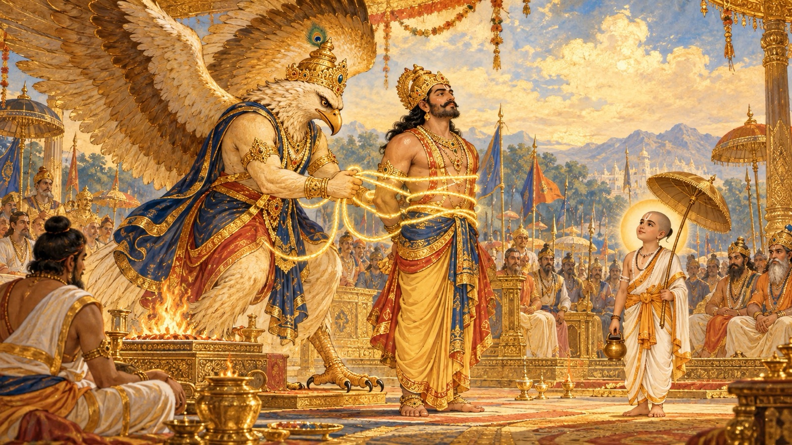 Garuda binding King Bali with the cords of Varuna as the great king stands unshaken