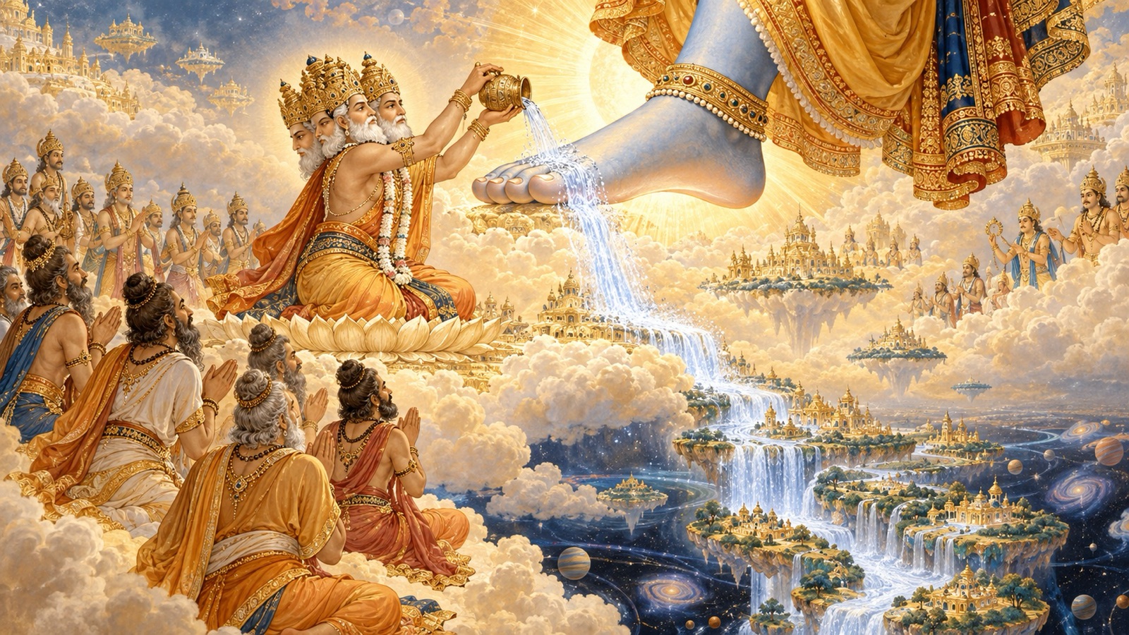 Brahma worshipping the upraised foot of Lord Vamana as the sacred Ganga springs forth from its washing