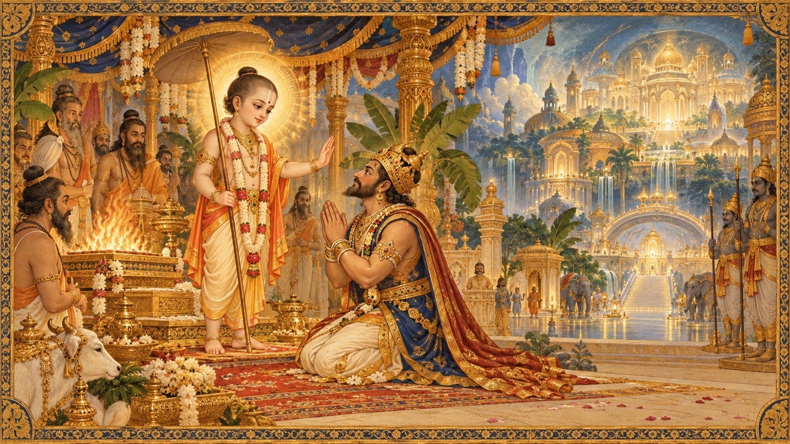 भगवान अटल बली को आशीर्वाद देकर उन्हें सुतल का देदीप्यमान लोक प्रदान करते हुए