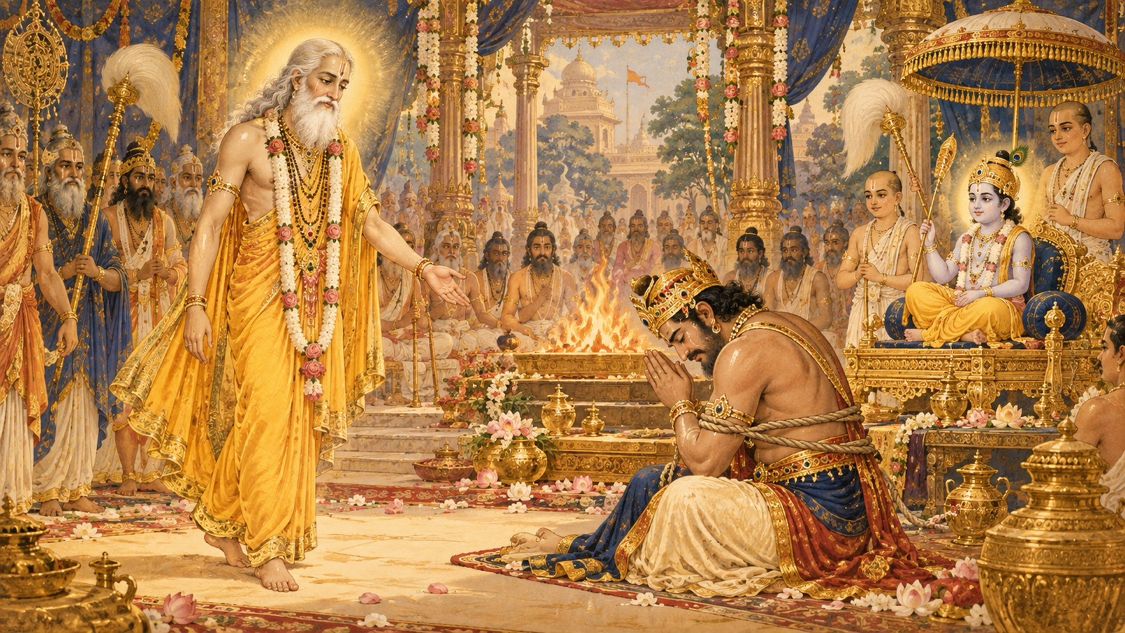 The radiant sage Prahlada arriving at the sacrificial grounds where his grandson Bali stands bound