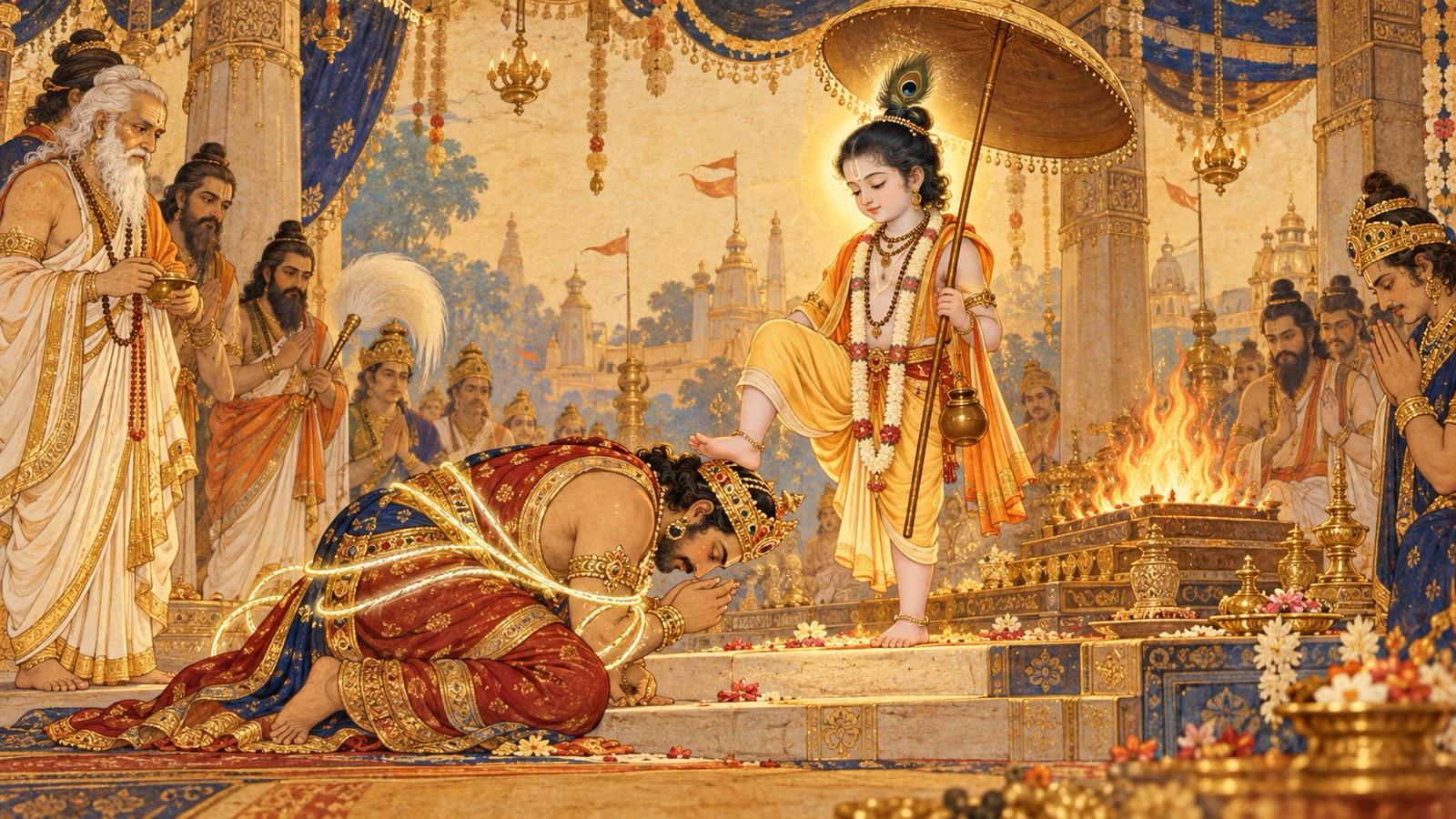 The bound king Bali bowing his head and offering it for Lord Vamana's third step
