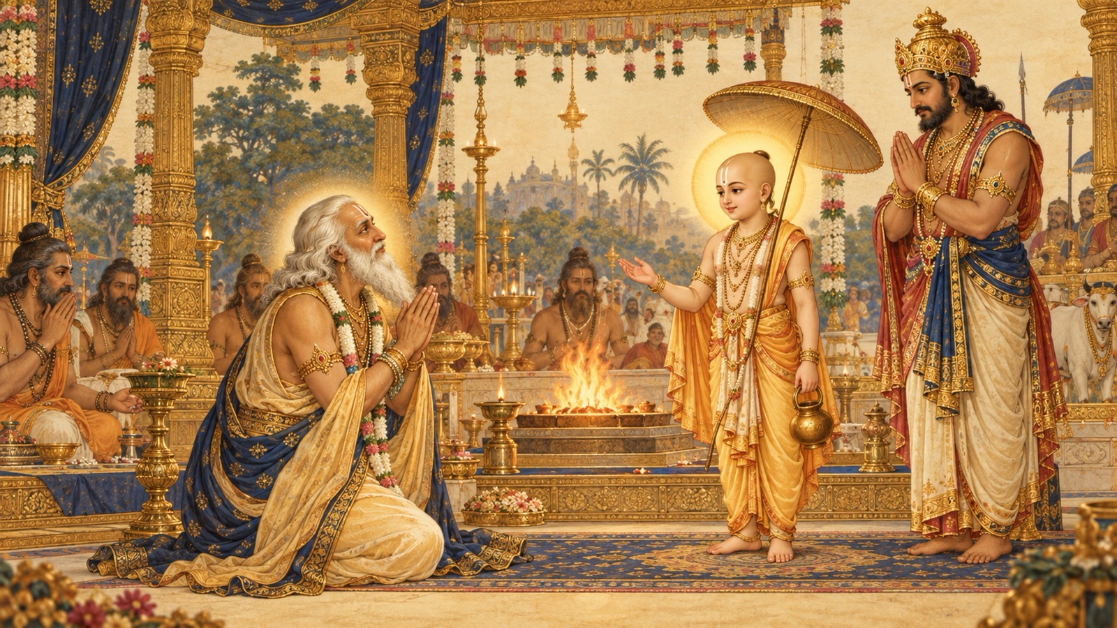 सन्त प्रह्लाद जुड़े हाथों से असुरों पर दिखाई गई भगवान की कृपा की स्तुति करते हुए