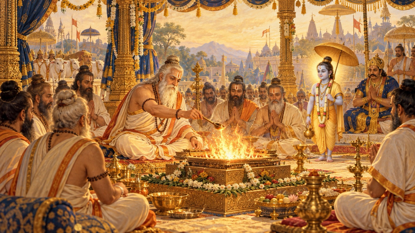 ऋषि शुक्राचार्य और ब्राह्मण-सन्त पवित्र अग्नि के समीप बली का यज्ञ पूर्ण करते हुए