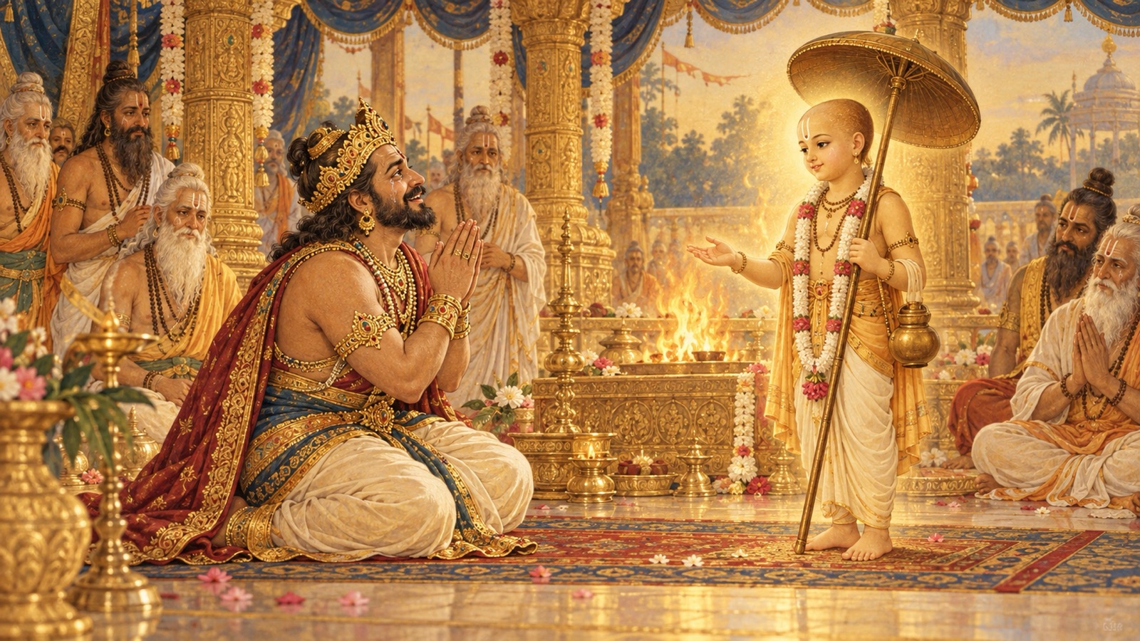 मुक्त राजा बली जुड़े हाथों और अश्रुपूर्ण नेत्रों से अपनी मुक्ति के पश्चात भगवान की स्तुति करते हुए