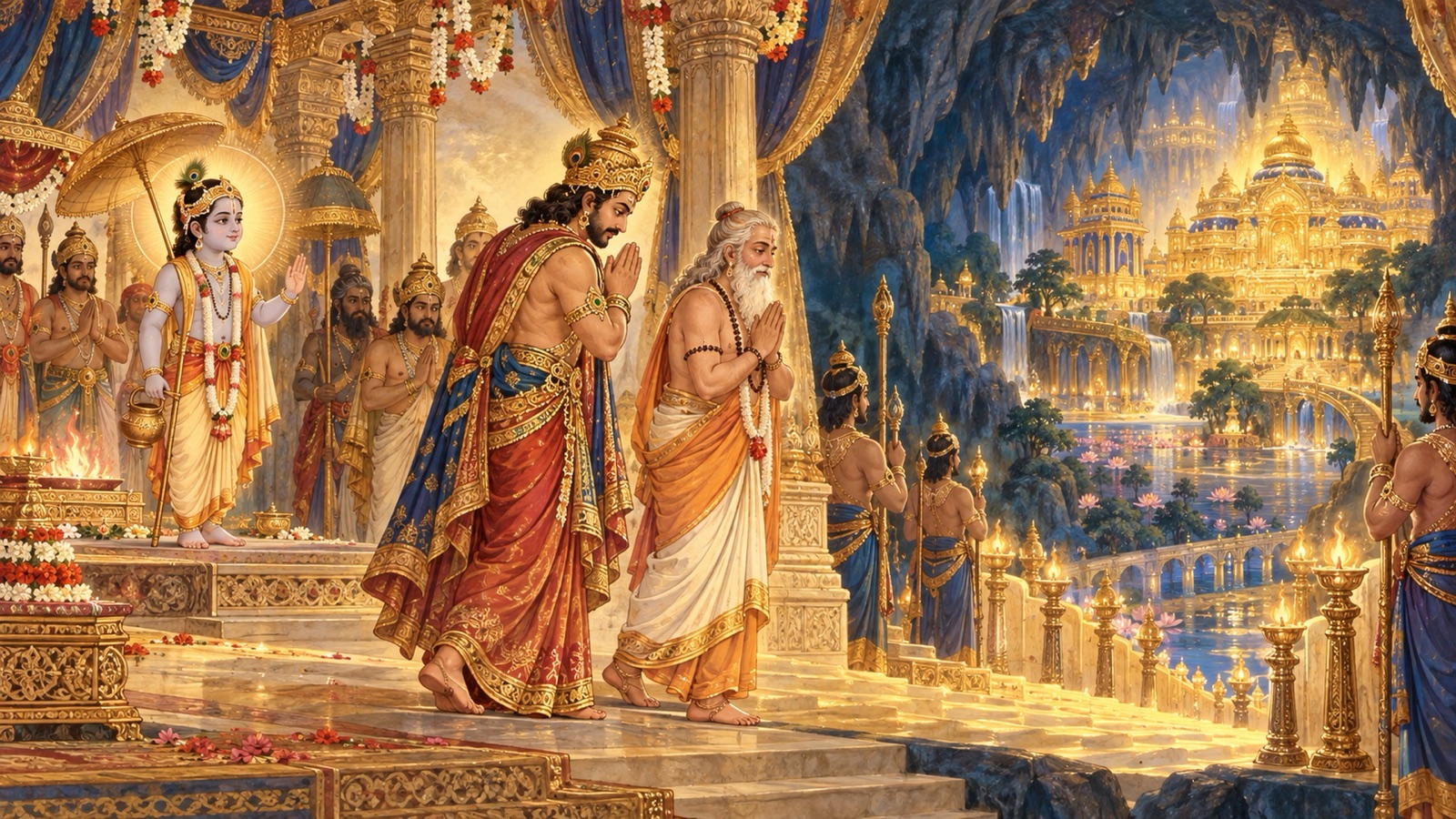 Prahlada and the freed Bali reverently departing together for the radiant realm of Sutala