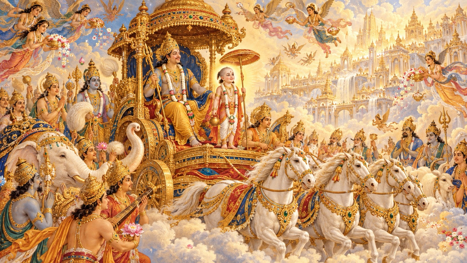 Indra borne in a heavenly car back to his celestial throne, protected by Lord Vamana as Upendra