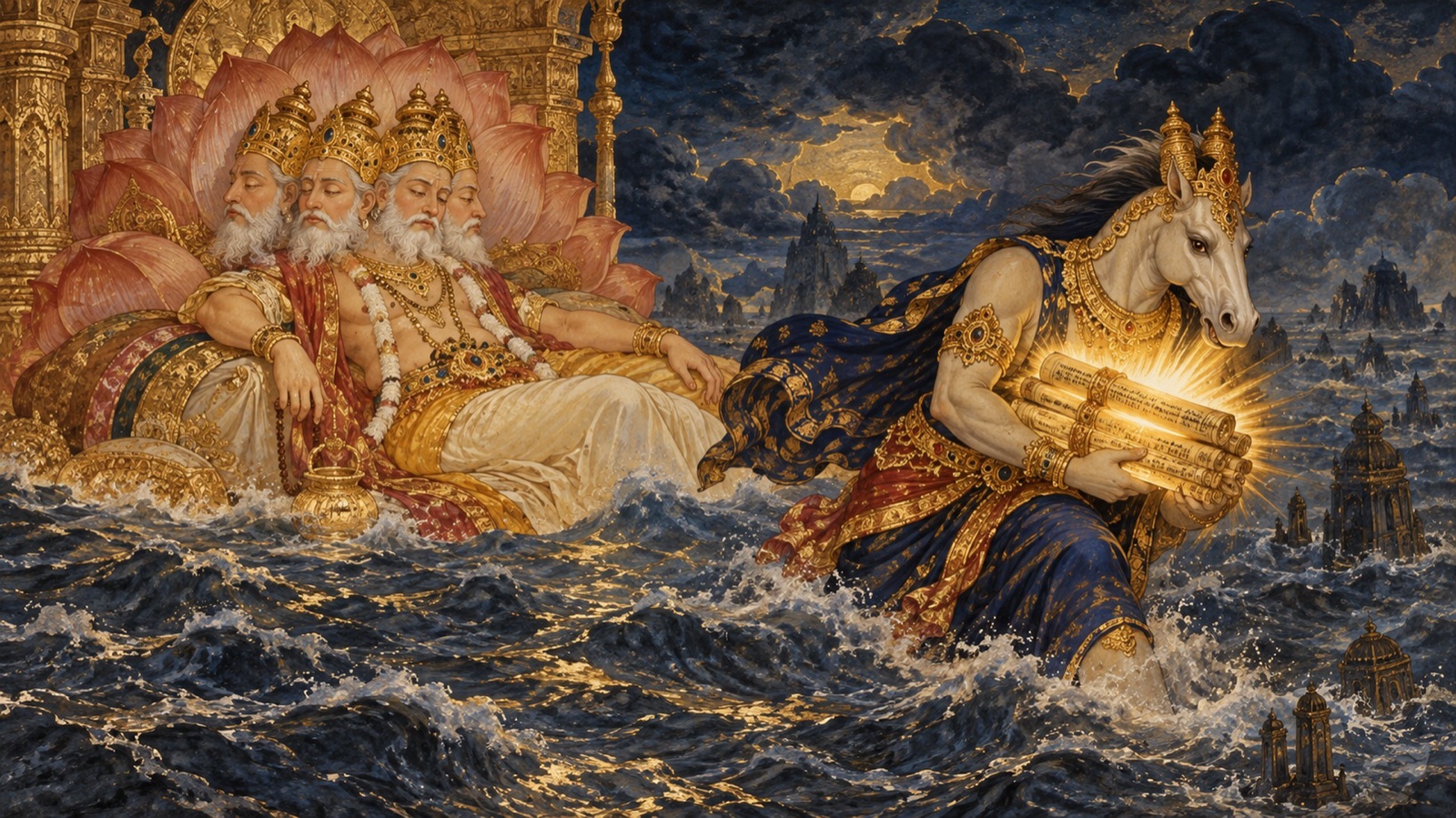 अश्व-मुख असुर हयग्रीव तन्द्रालु सृष्टिकर्ता ब्रह्मा से वेद चुराते हुए जब लोक जल में डूबते हैं