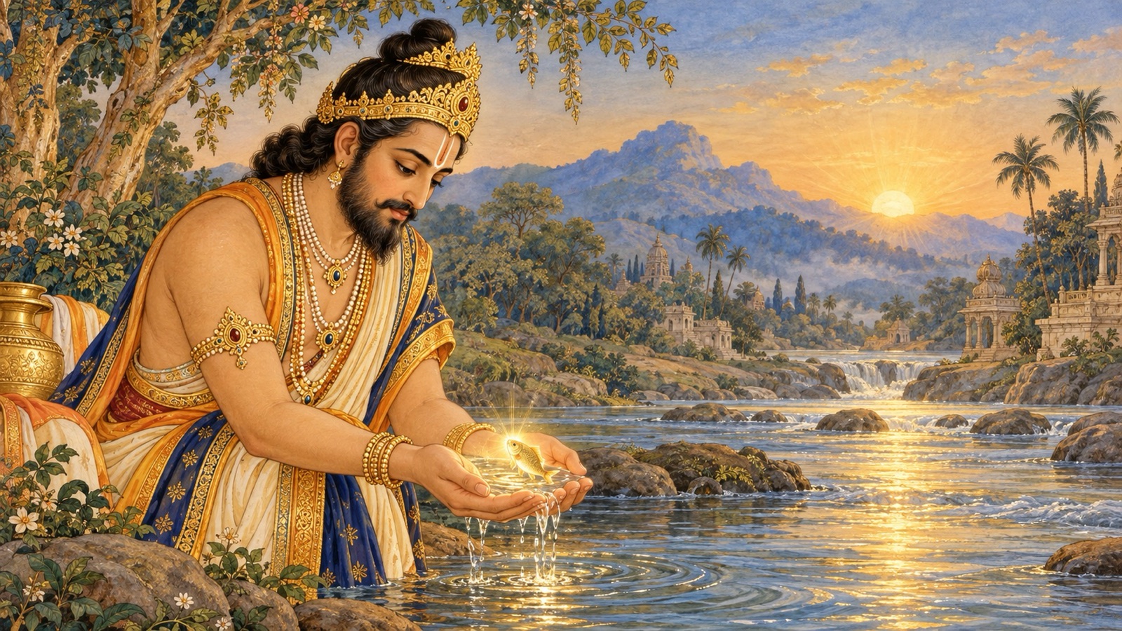 The royal sage Satyavrata finding a tiny fish in the water cupped in his palms at the river