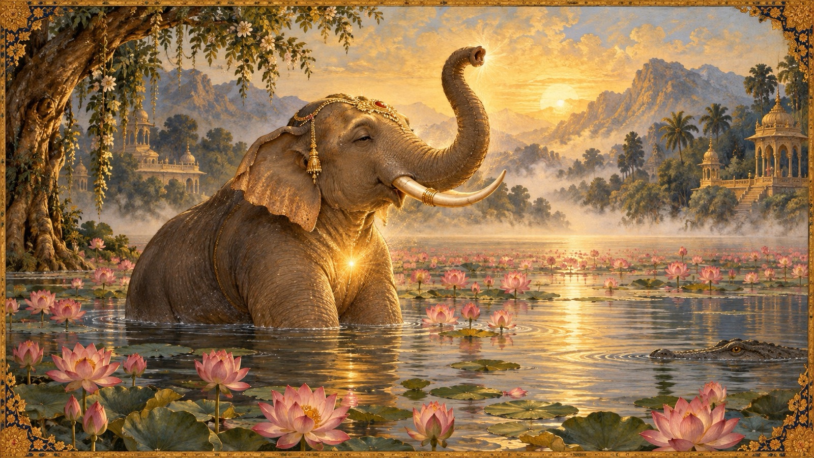 The king of elephants standing in the lake, trunk lowered, calm and inward as he begins to recite a sacred prayer