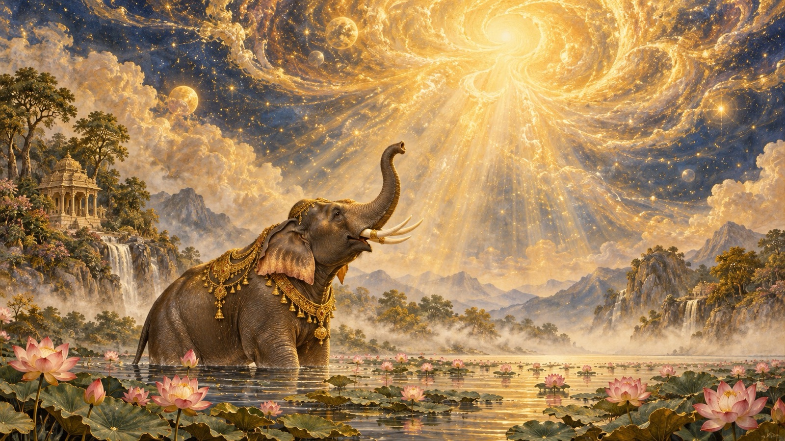 The king of elephants with trunk lifted in prayer beneath a radiance bearing the sacred syllable Om amid soft cosmic light