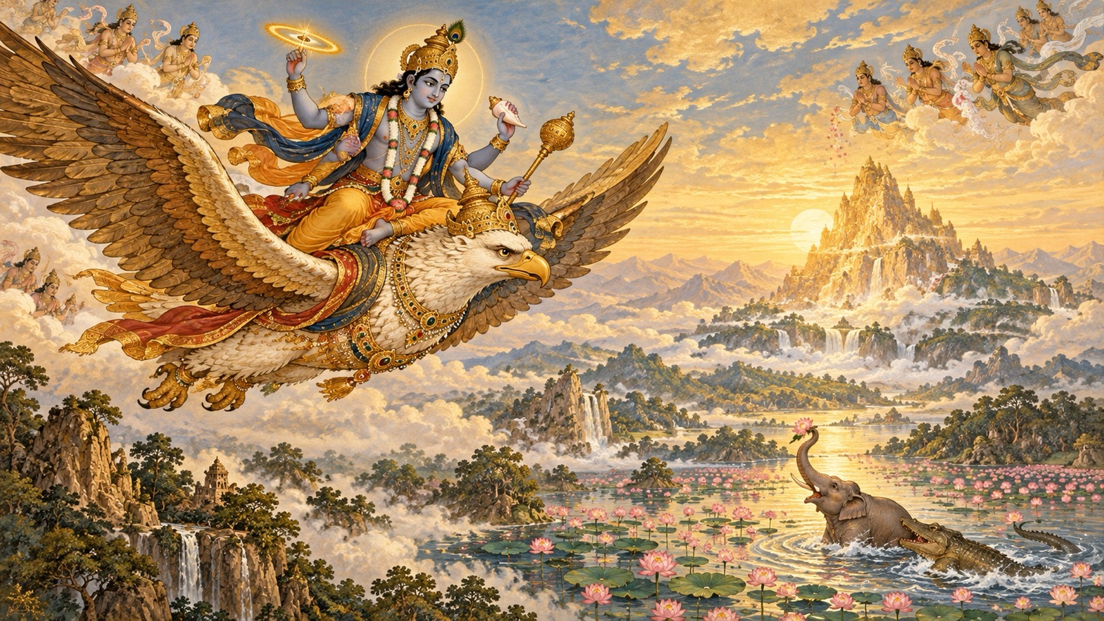 Sri Hari riding Garuda through the sky with His discus, borne toward the lake and extolled by celestial beings