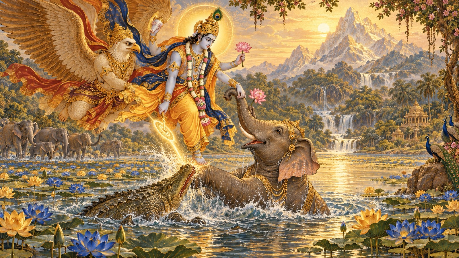 The Lord Sri Hari descending from Garuda with His discus to lift the king of elephants from the lake and free him from the alligator