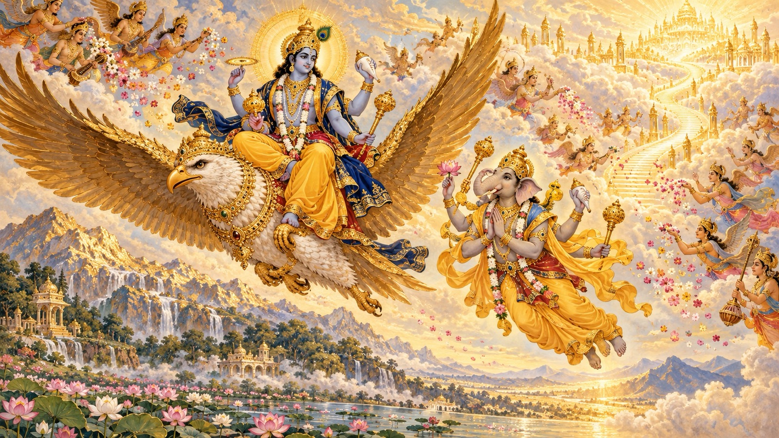 भगवान गरुड़ पर अपने शाश्वत धाम को आरोहण करते हुए, मुक्त गजेन्द्र अब चतुर्भुज दिव्य पार्षद के रूप में, और देवगण पुष्प-वर्षा करते हुए