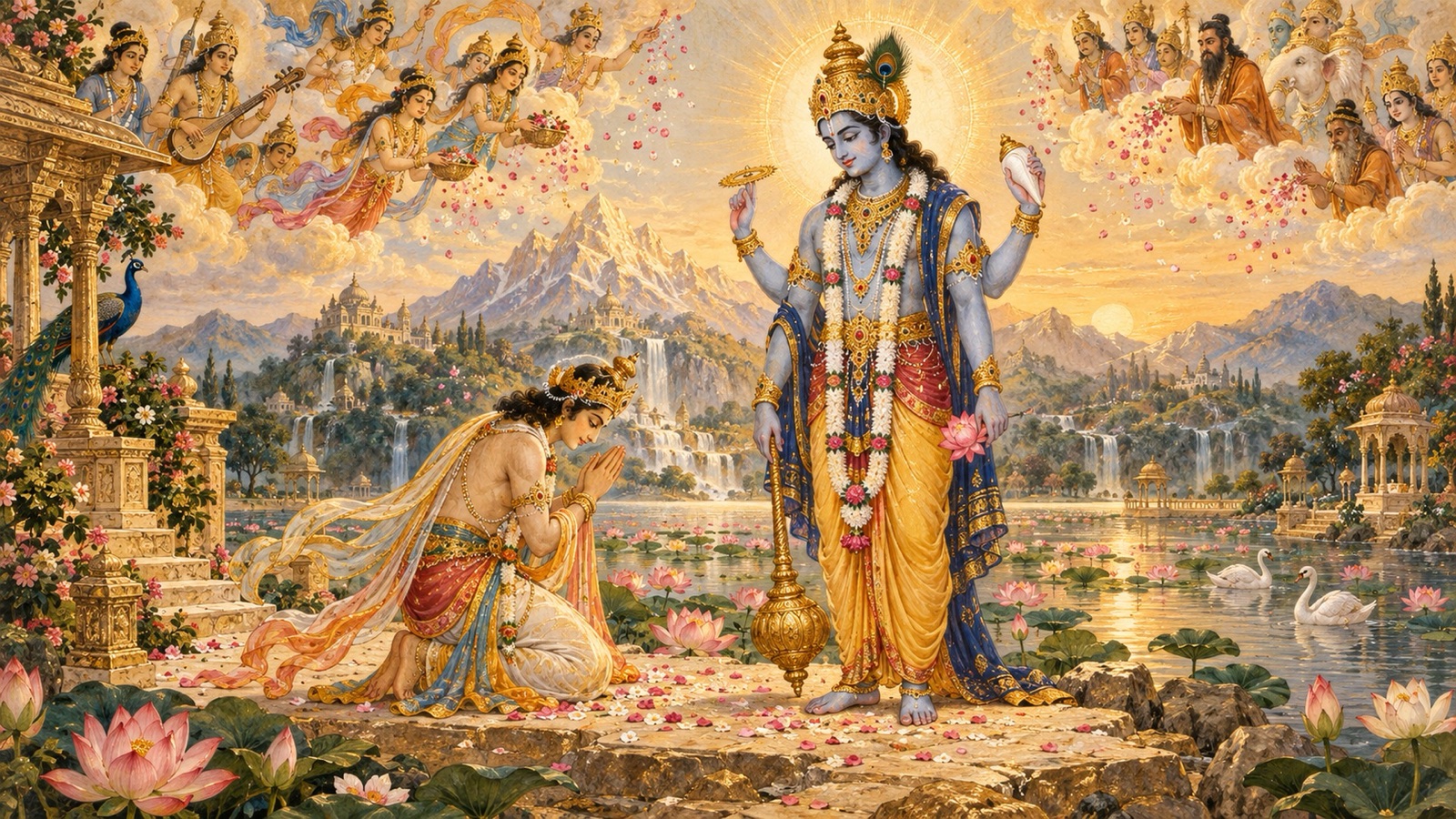 Gods and sages showering flowers as the alligator becomes the Gandharva Huhu, bowing before the Lord