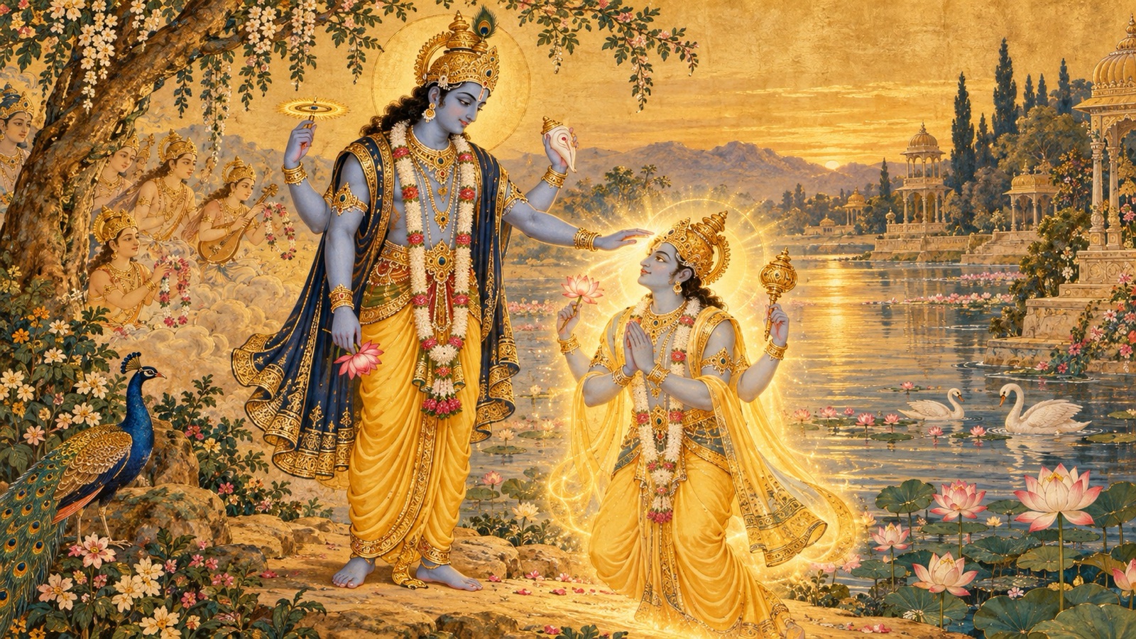 The king of elephants transformed into a luminous four-armed form clad in yellow beside the Lord
