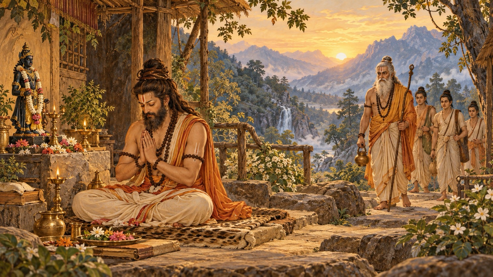 The ascetic king Indradyumna absorbed in silent worship as the sage Agastya arrives with his pupils