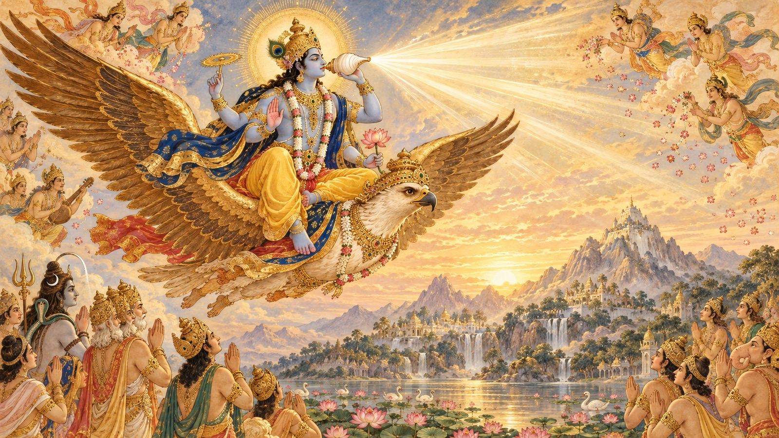 The Lord upon Garuda blowing His conch Panchajanya and bestowing a blessing on the assembled beings