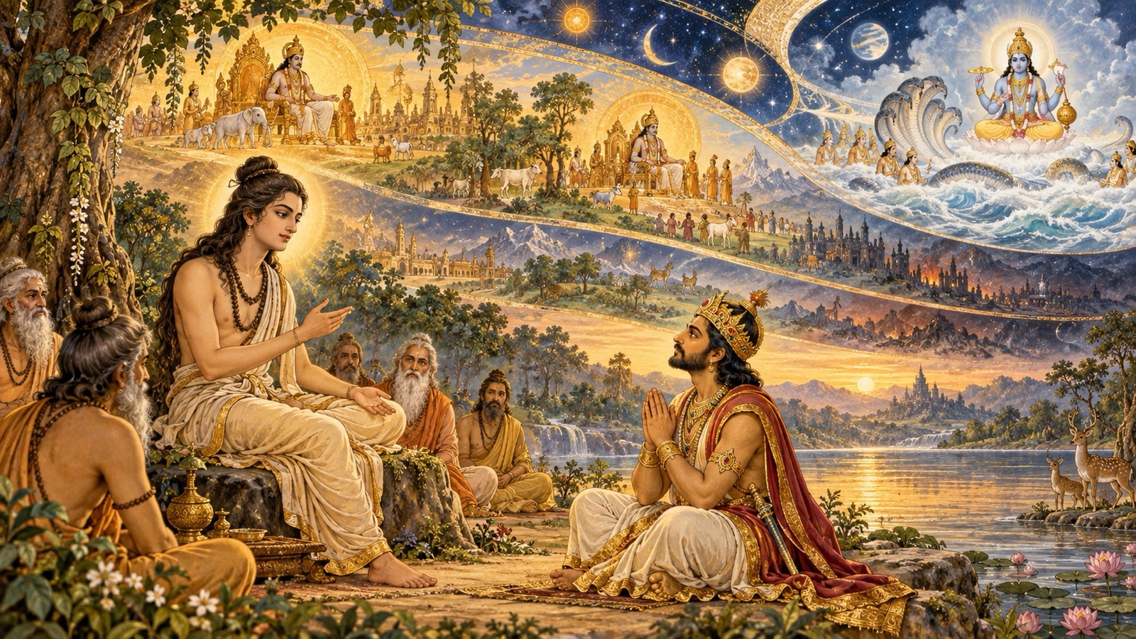 Sukadeva describing the ages of the Manus Raivata and Cakshusa, with the Lord's descent as Ajita foreshadowed