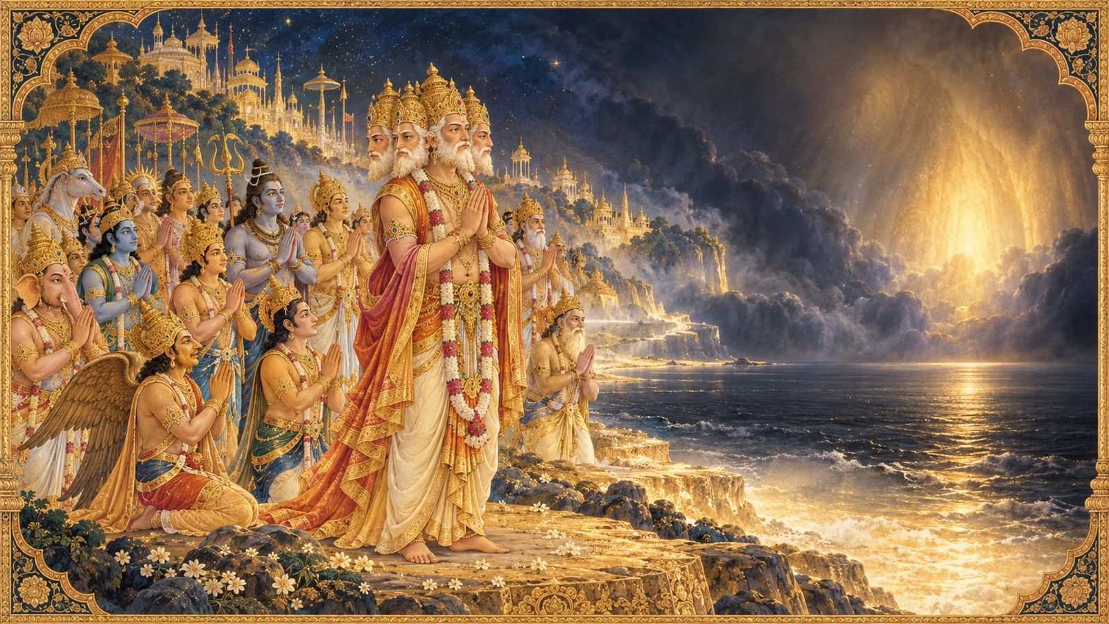 Brahma and the gods offering a hymn to the unseen Lord on a luminous shore beyond the darkness of illusion