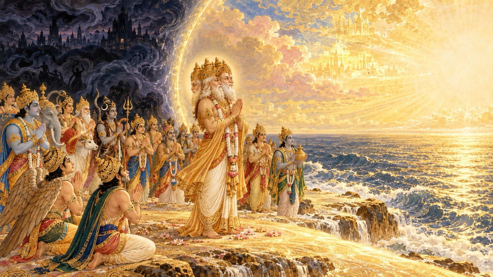 Brahma and the assembled gods offering a hymn of praise to the unseen Supreme Lord on a luminous shore beyond the darkness of illusion