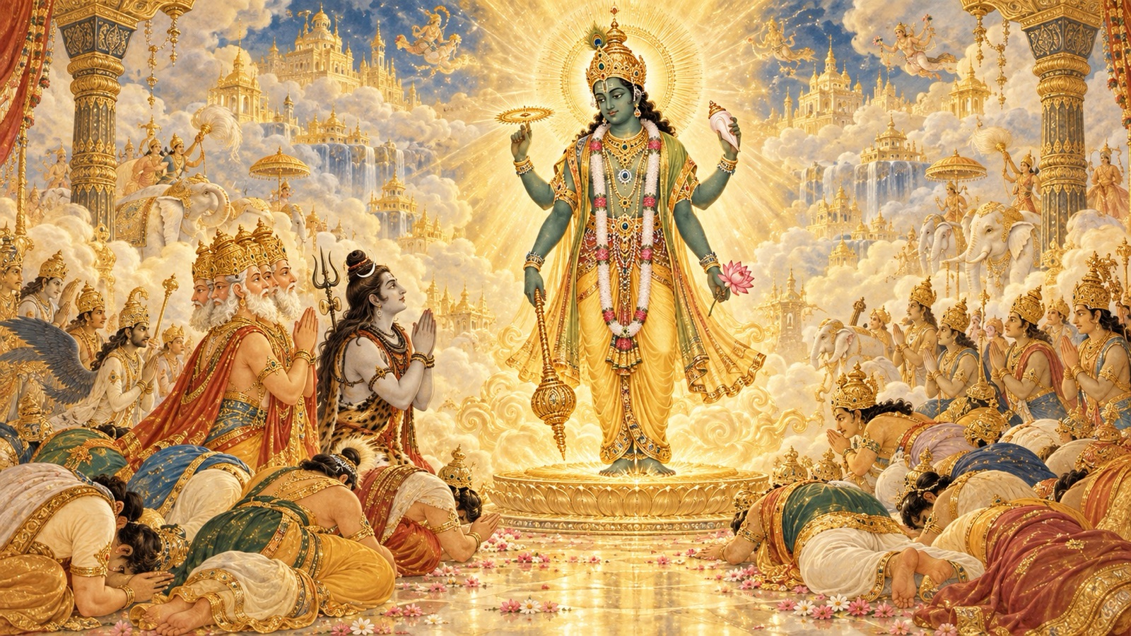 भगवान सहस्र सूर्यों के समान तेजोमय प्रणत देवताओं के समक्ष प्रकट होते हुए, ब्रह्मा स्तुति करते हुए