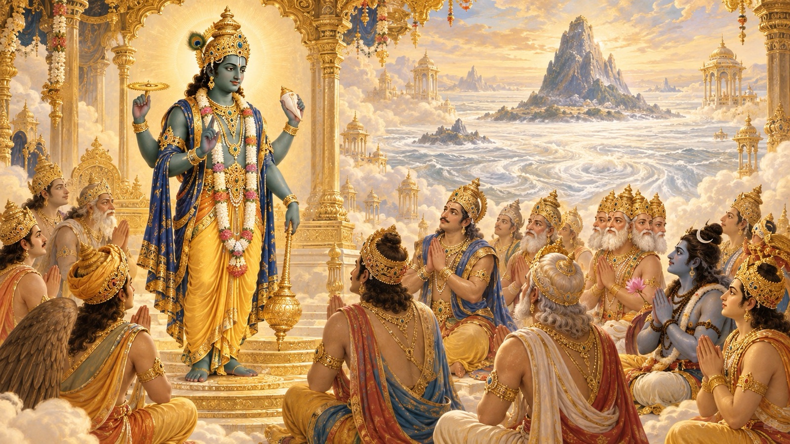 The Lord counseling the assembled gods to churn the Ocean of Milk with Mount Mandara and Vasuki