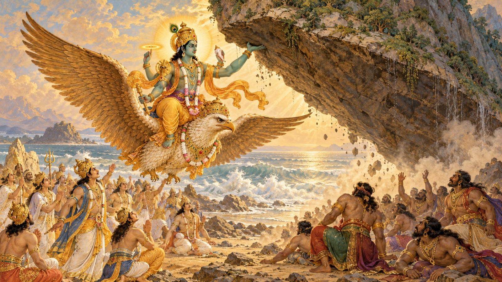The Lord on Garuda reviving the fallen gods and demons with a glance and lifting the mountain with one hand