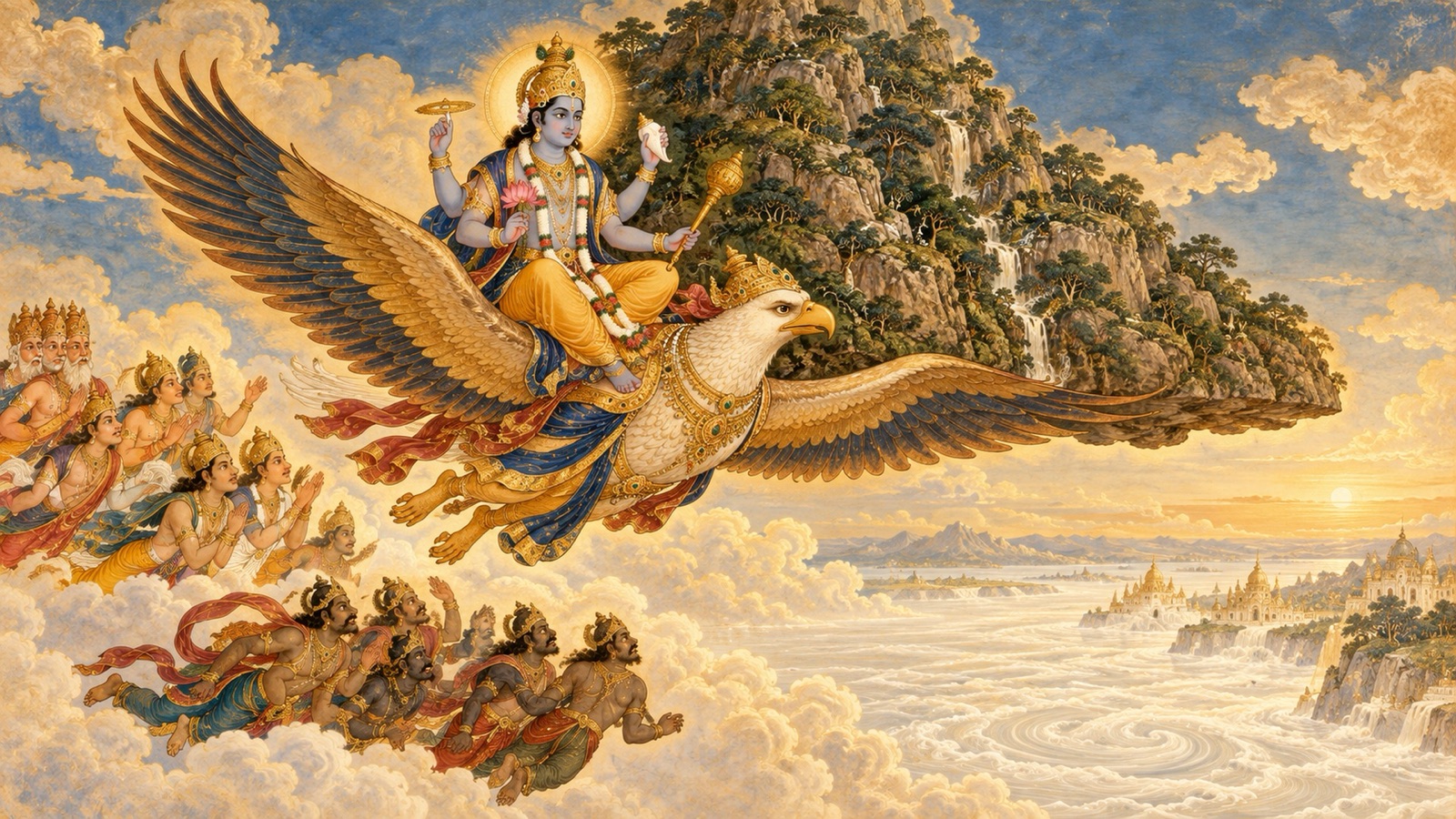 The Lord upon Garuda carrying Mount Mandara with one hand to the shore of the Ocean of Milk as gods and demons follow