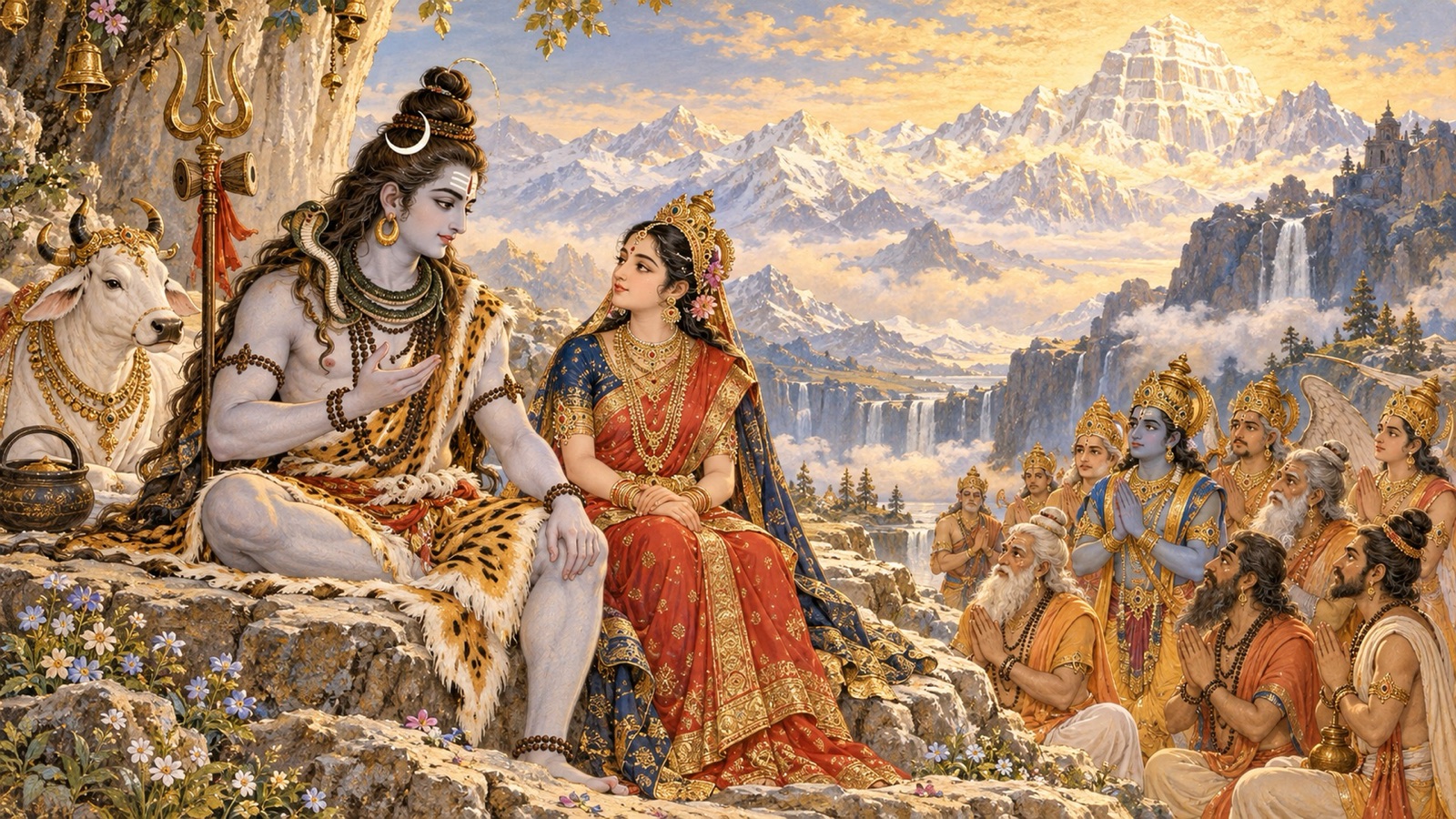 कैलास पर्वत पर भगवान शिव विष पीने से पूर्व अपनी पत्नी सती से वार्ता करते हुए