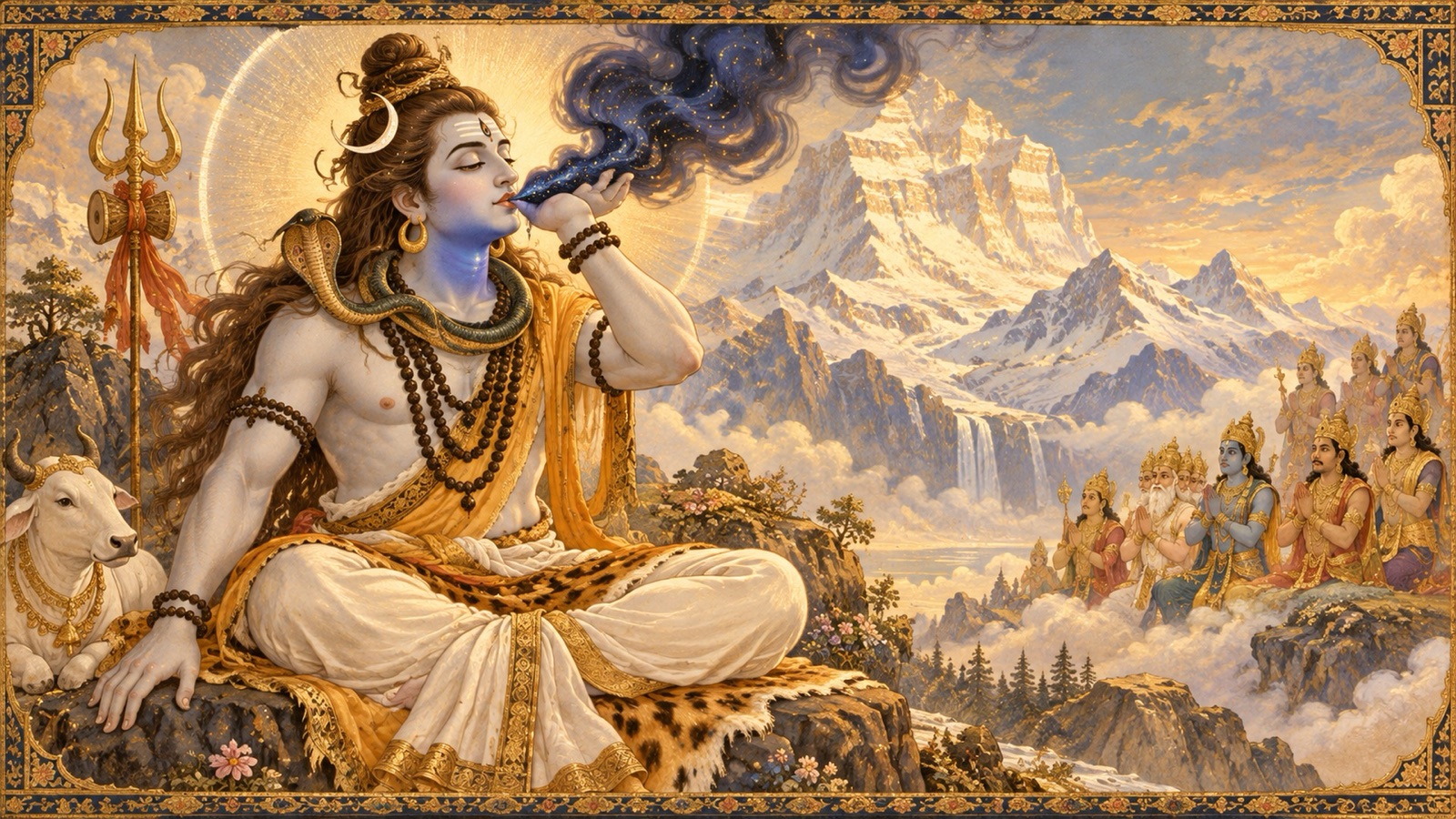 भगवान शिव लोक को संकट में डालने वाले विष को हथेली में धारण कर पीते हुए, उनका कण्ठ नीला पड़ते हुए