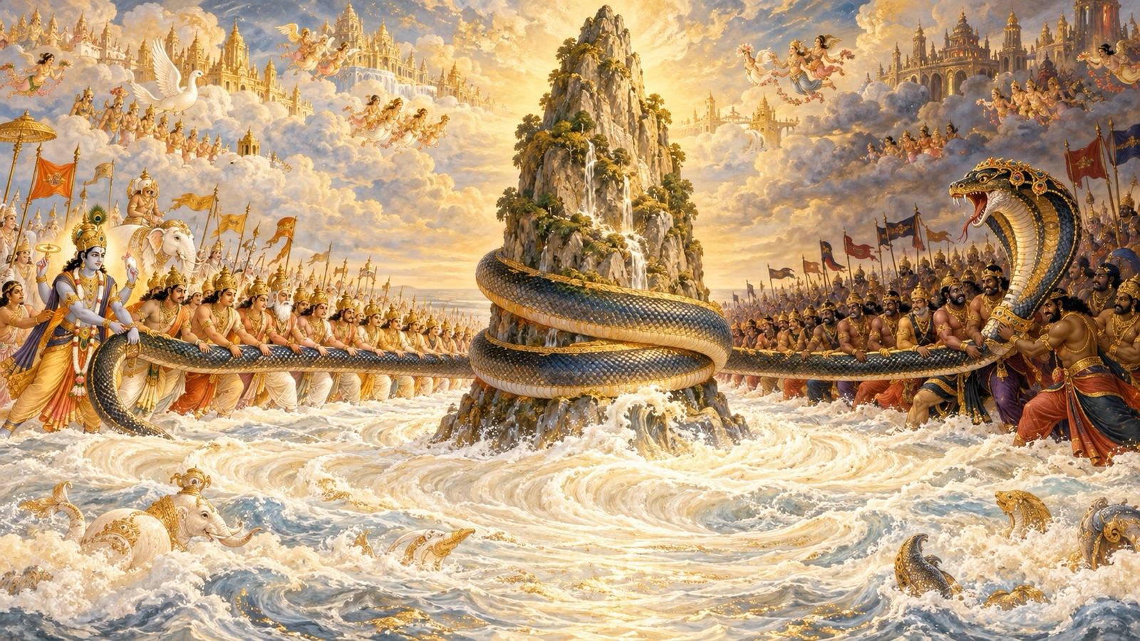 Gods and demons churning the Ocean of Milk with Vasuki twined around Mount Mandara