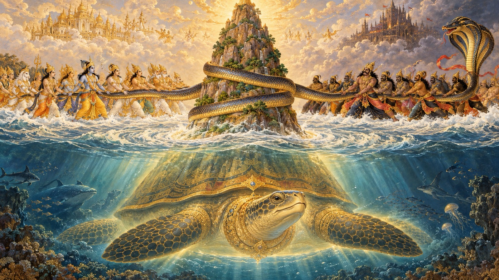 The Lord as the gigantic divine Tortoise bearing Mount Mandara upon His back in the ocean