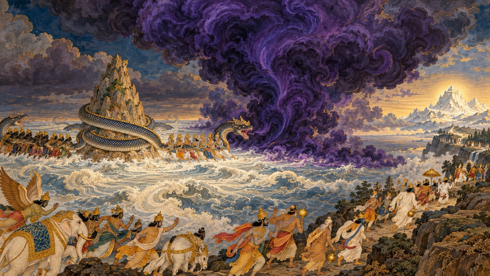 The terrible Halahala poison rising from the churning ocean as beings flee in fear