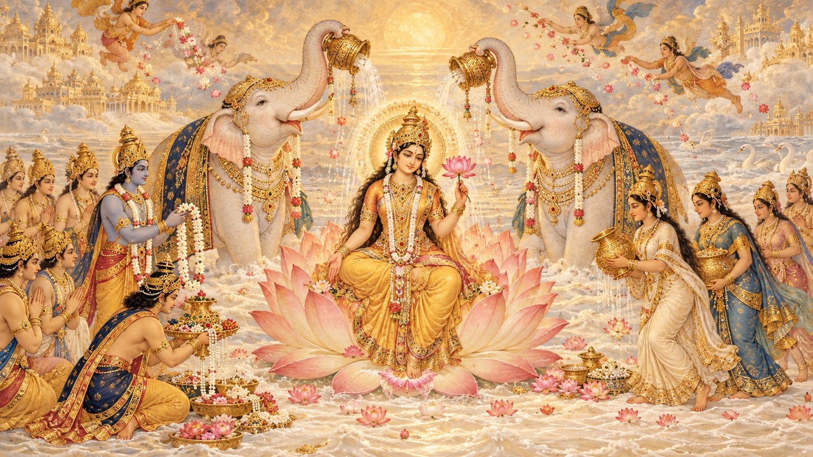 देवी लक्ष्मी कमल धारण किए, जबकि देवगण स्वर्ण-कलशों में पवित्र जल और उपहार से उनका सम्मान करते हुए