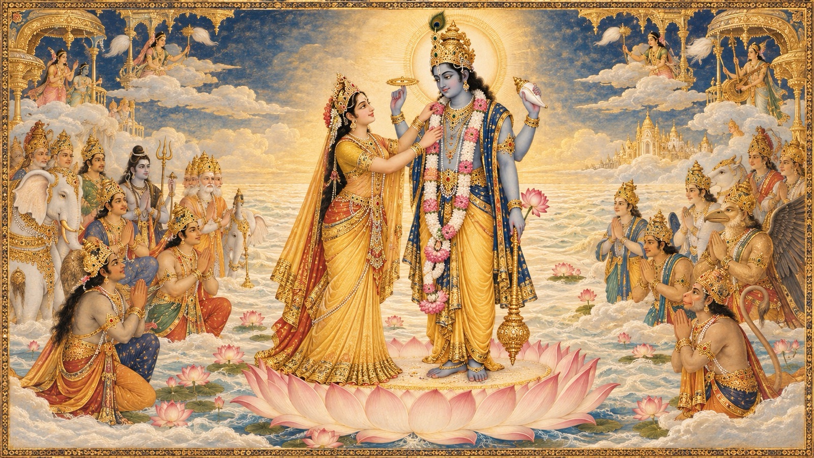 देवी लक्ष्मी अपनी कमल-माला भगवान विष्णु के गले में डालती और उनके पार्श्व में स्थान लेती हुई