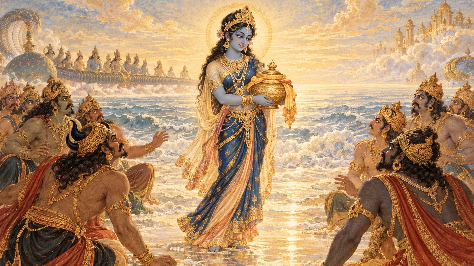 The Lord assuming a wondrous enchanting form as the demons pause from their quarrel over the nectar jar