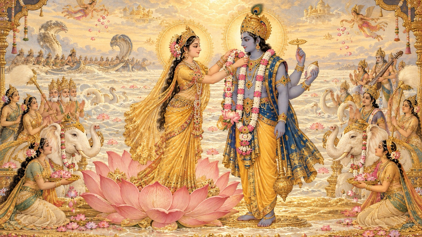 Goddess Lakshmi rising radiant from the Ocean of Milk, placing her garland of lotuses upon Lord Vishnu