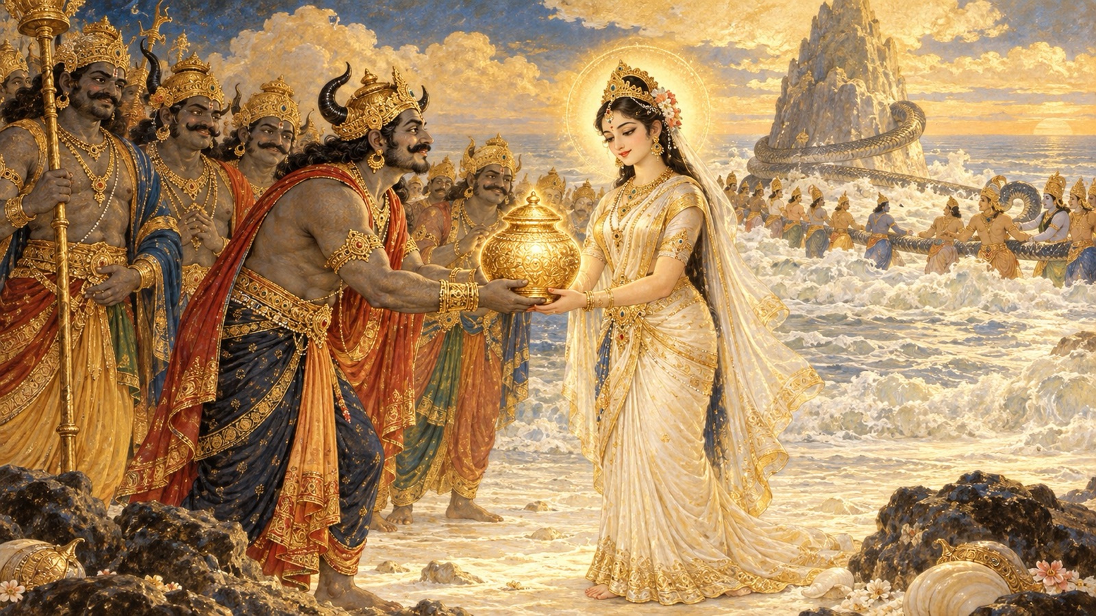 असुर मोहक सुन्दरी को अमृत-कलश सौंपते हुए, जिसने उन्हें अपने पर विश्वास न करने की चेतावनी दी है