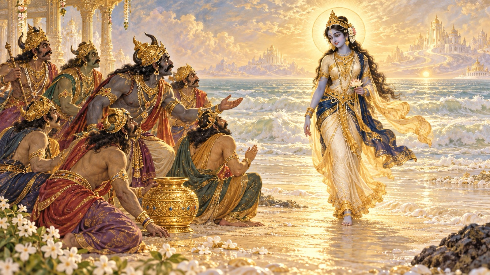 The quarrelling demons beholding the wondrous damsel approaching with the jar of nectar nearby